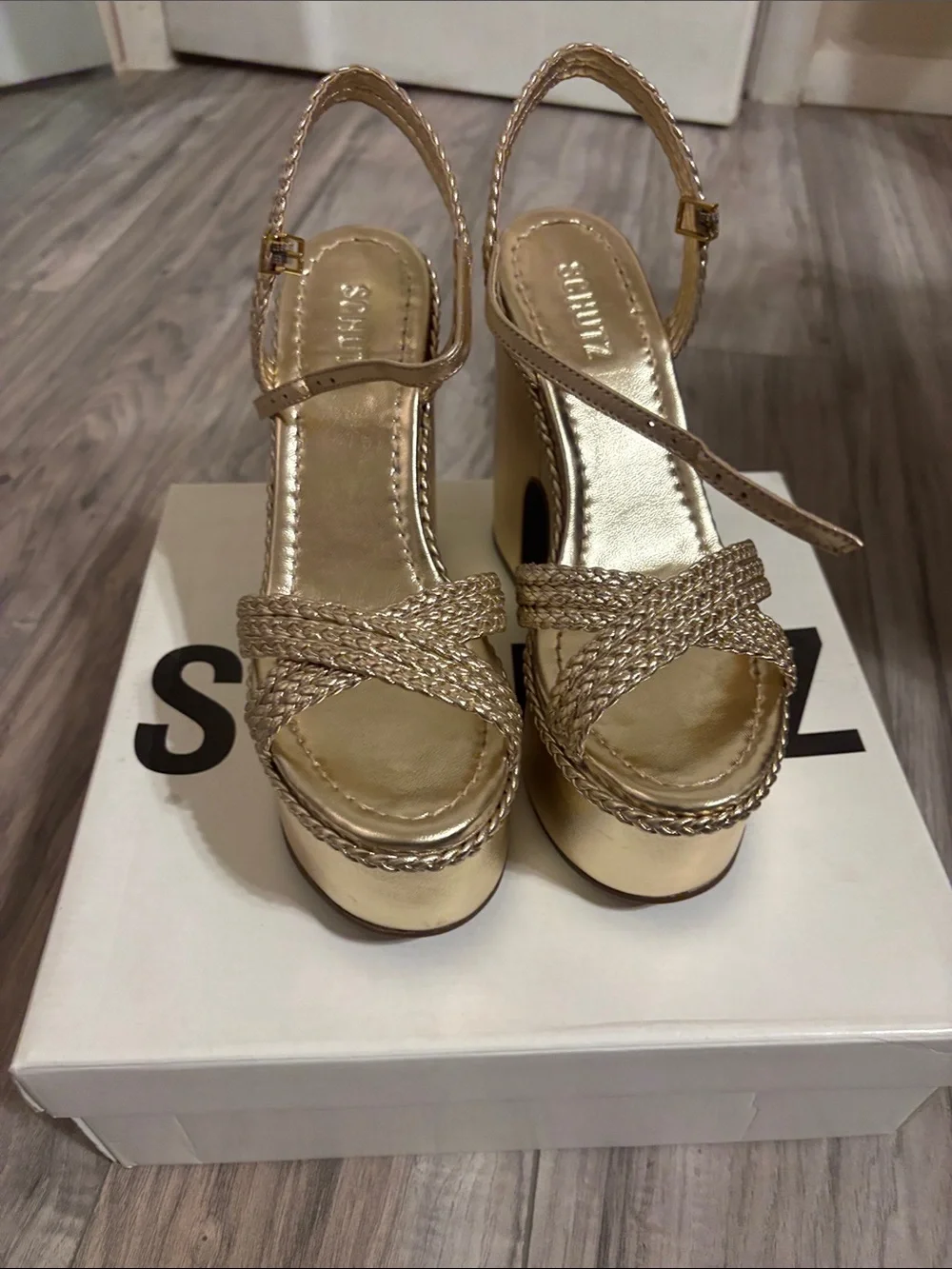 SCHUTZ Metallic Gold Braided Platform Slingback Heels